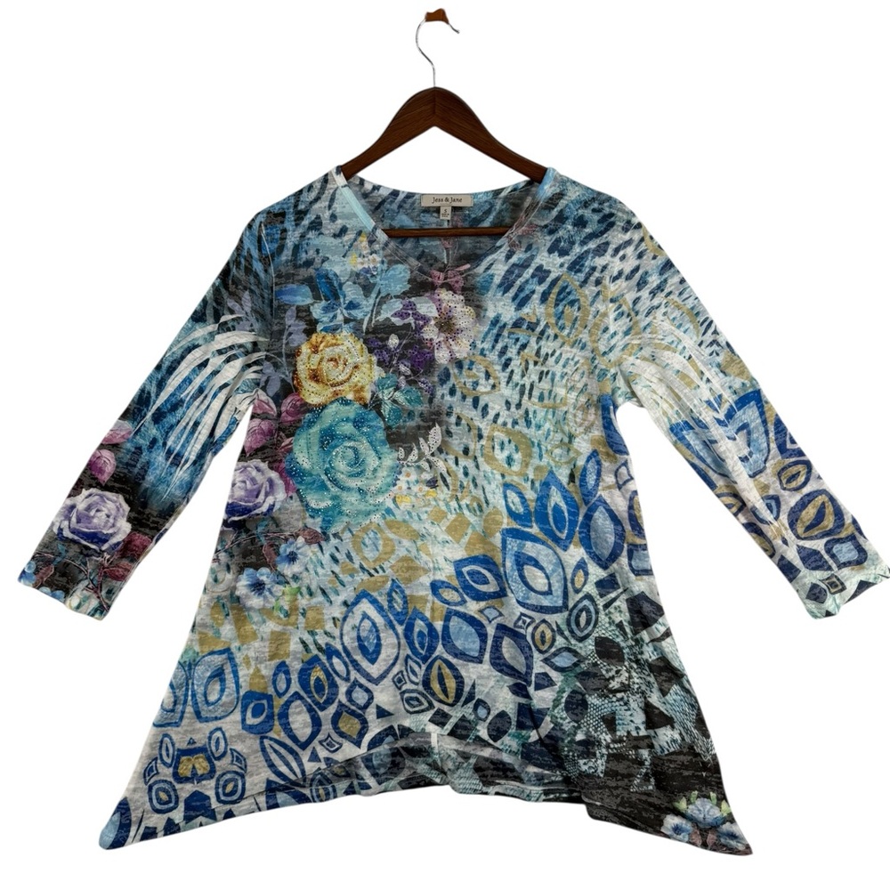 Jess & Jane Artistic Multicolor Floral Women's Tunic Top Size Small Made in USA
